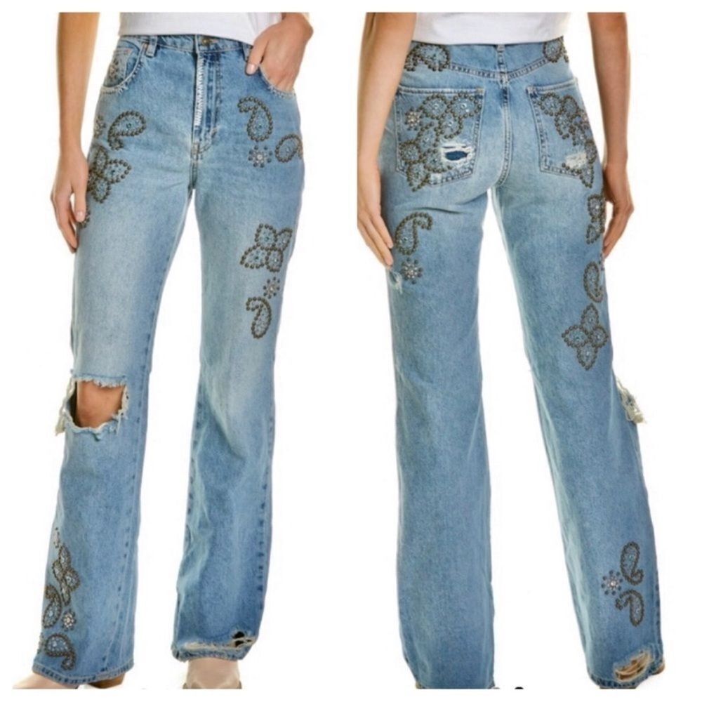 Free People Wiley Embellished Slim Flare Jeans Studded Distressed $268